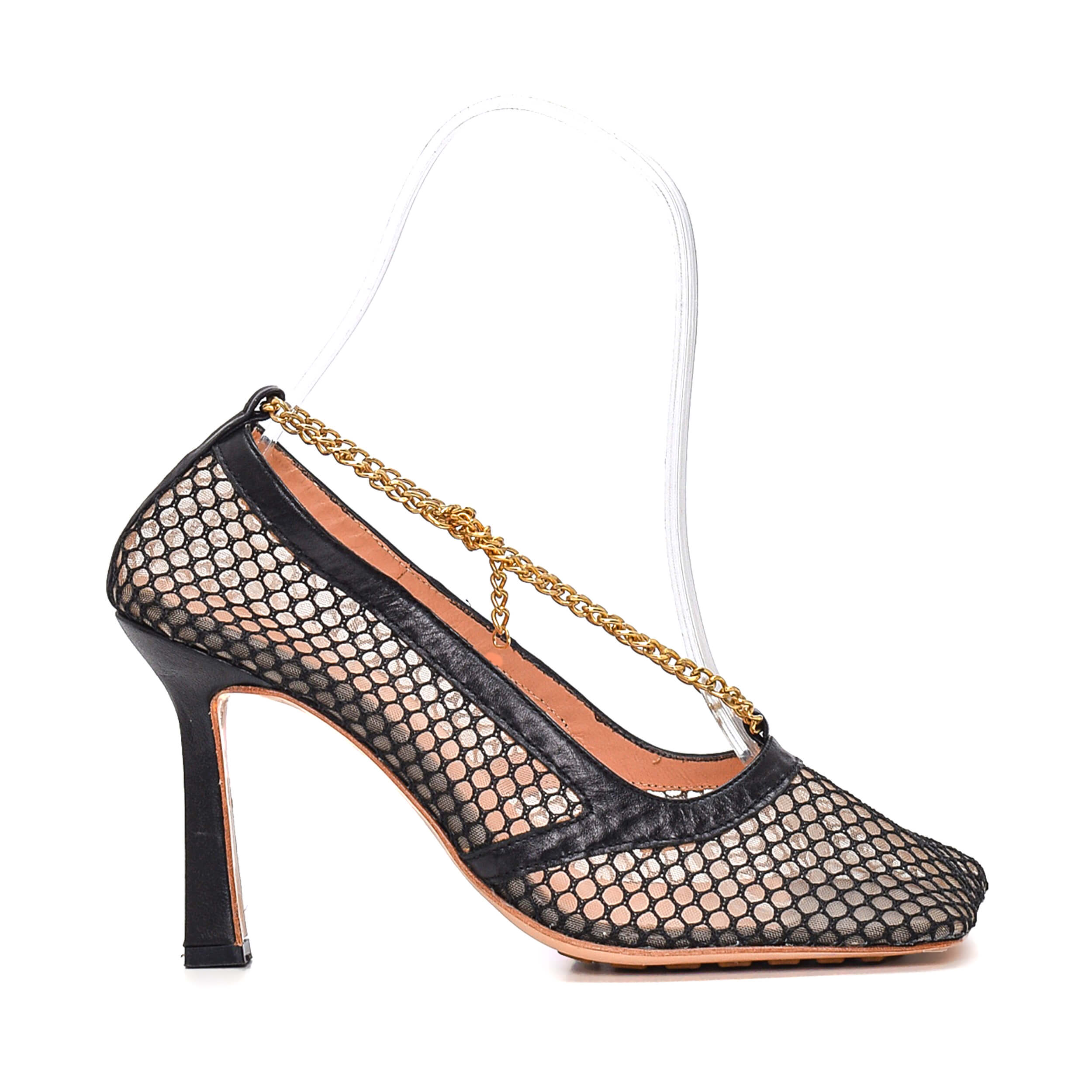 Bottega Veneta - Black Mesh and Leather Gold Chain Pump 